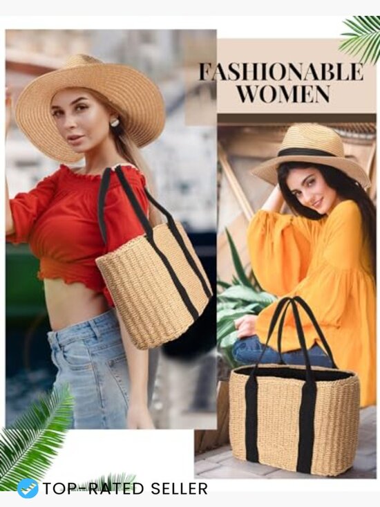 Straw Woven Bag and Rattan Hat Set Bohemian Summer Vacation Tote Handbag